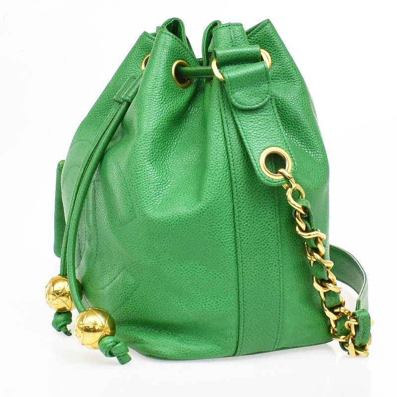 Chanel Vintage Cc Chain Drawstring Lambskin Green Calfskin Bag