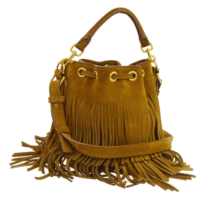 Saint Laurent Fringe Emmanuelle Bucket Suede Brown Bag