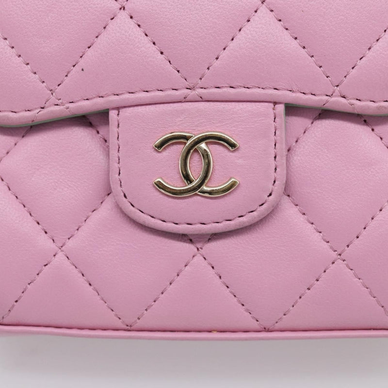 Chanel Square Classic Flap Top Handle Clutch With Chain Quilted Lambskin Pink Leather