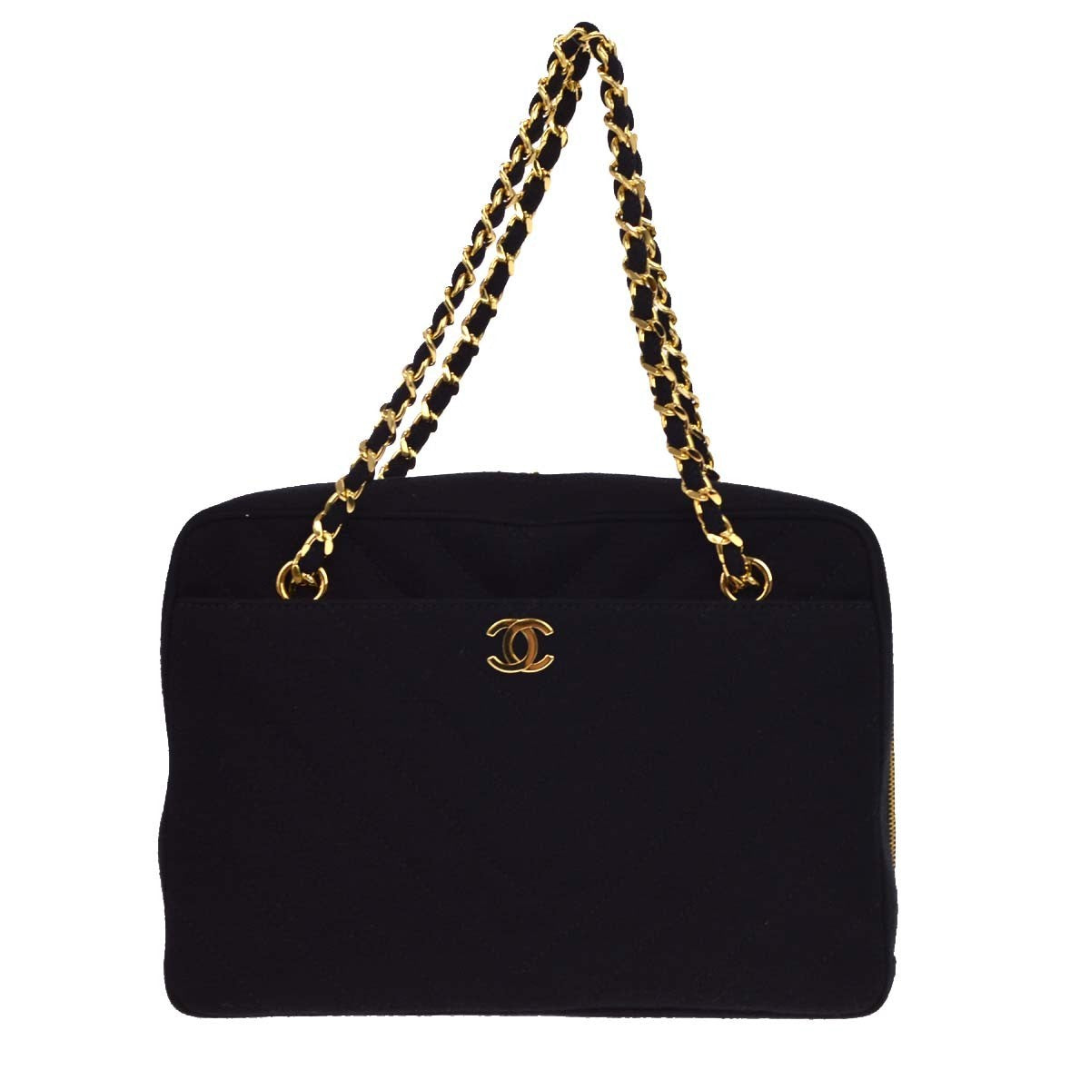 Chanel Vintage Pocket Camera Chevron Jersey Black Canvas Bag