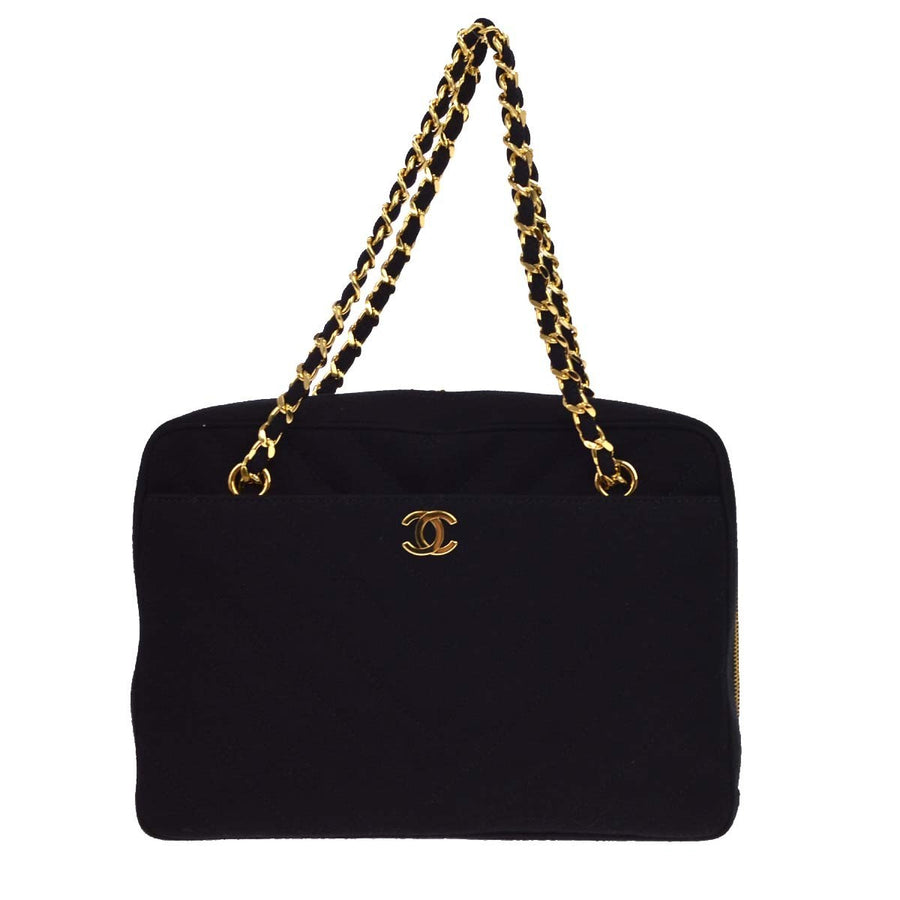 Chanel Vintage Pocket Camera Chevron Jersey Black Canvas Bag