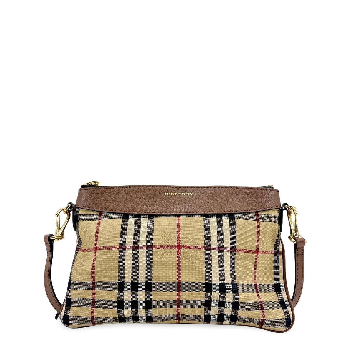 Burberry Peyton Crossbody Clutch Haymarket Coated Canvas Brown