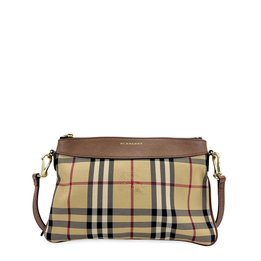 Burberry Peyton Crossbody Clutch Haymarket Coated Canvas Brown