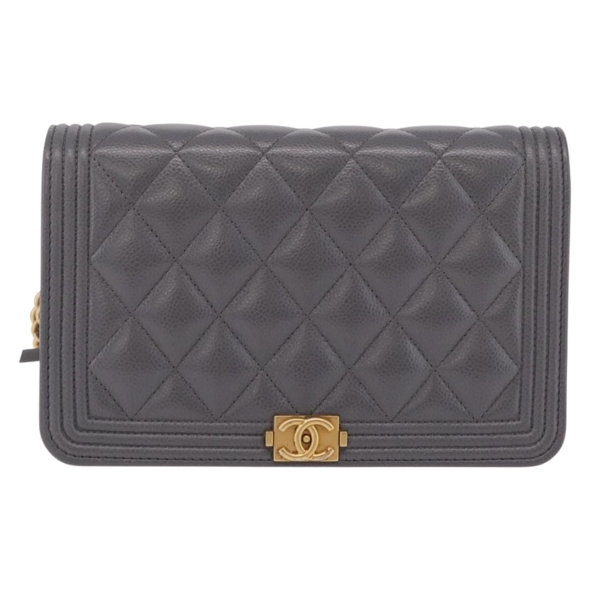 Chanel Boy Wallet On Chain Quilted Caviar Gray Leather Bag