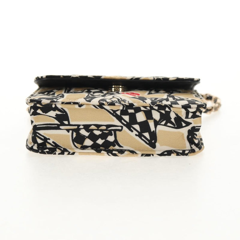 Chanel Flap Card Holder On Chain Quilted Printed Canvas Beige Satin Bag