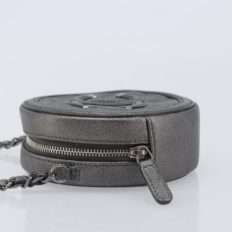 Chanel Filigree Round Clutch With Chain Quilted Iridescent Caviar Gray Leather