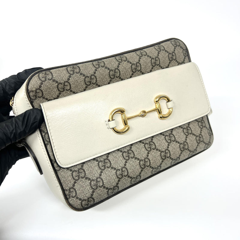 Gucci Horsebit 1955 Flap Pocket Camera Gg Coated Canvas And Leather Beige Bag