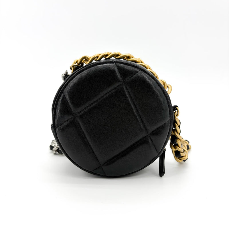 Chanel 19 Round Clutch With Chain Quilted Leather Black