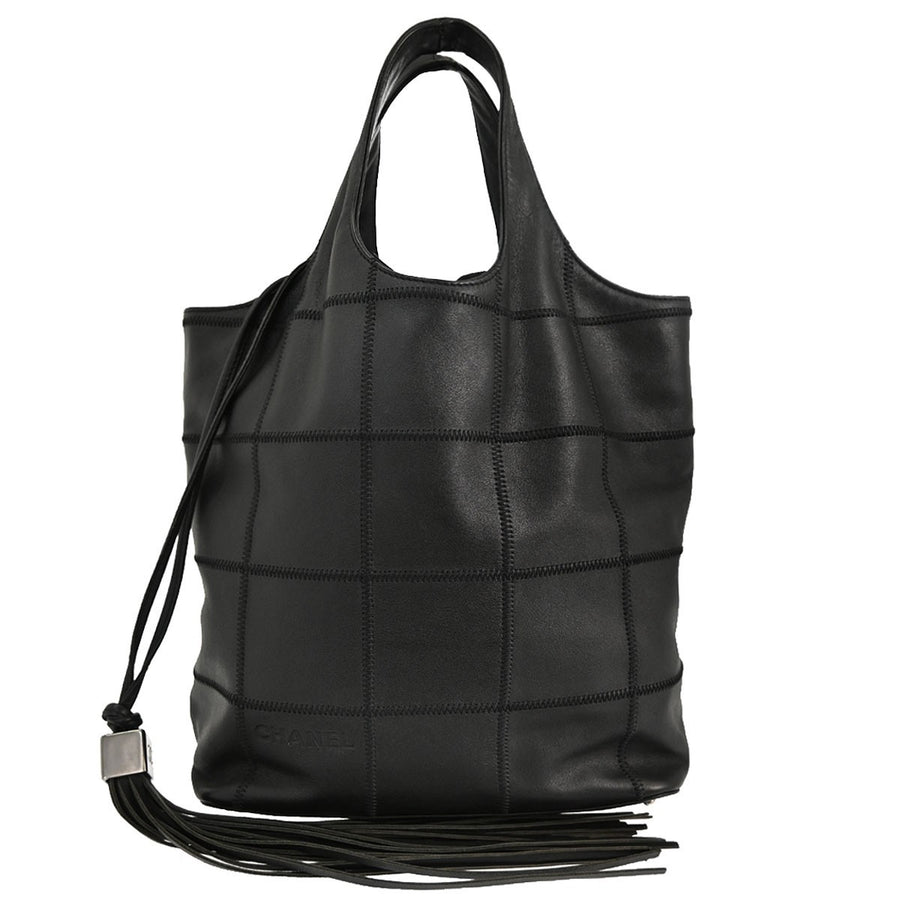 Chanel Square Stitch Tassel Hobo Quilted Leather Black