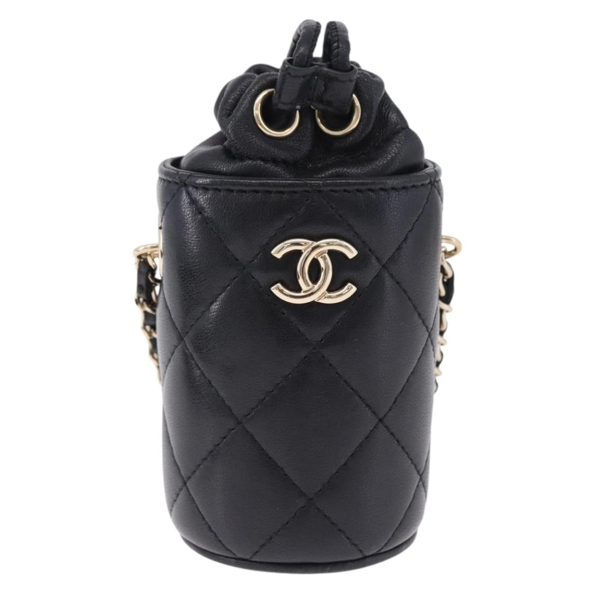 Chanel Drawstring Bucket With Chain Quilted Lambskin Black Leather Bag