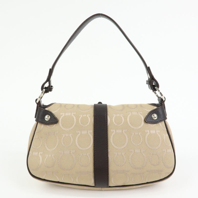 Salvatore Ferragamo Gancini Handle Leather Beige Canvas Bag