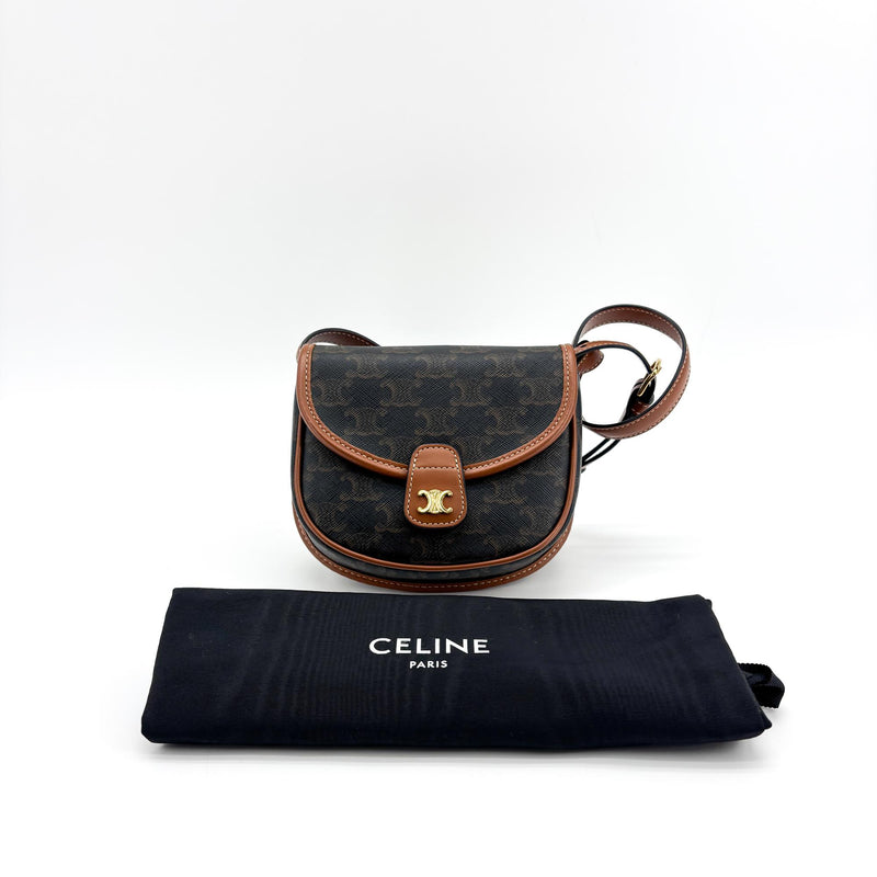 Celine Besace Flap Triomphe Coated Canvas Black Calfskin Bag