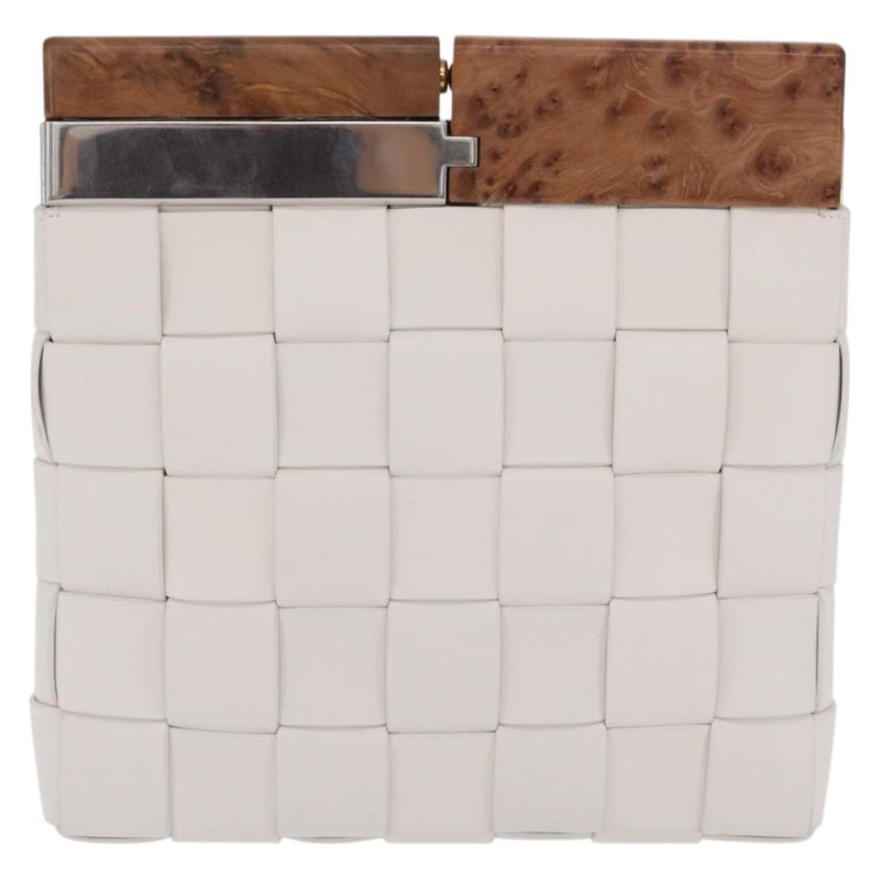 Bottega Veneta The Snap Clutch Maxi Intrecciato Leather With Wood And Metal White