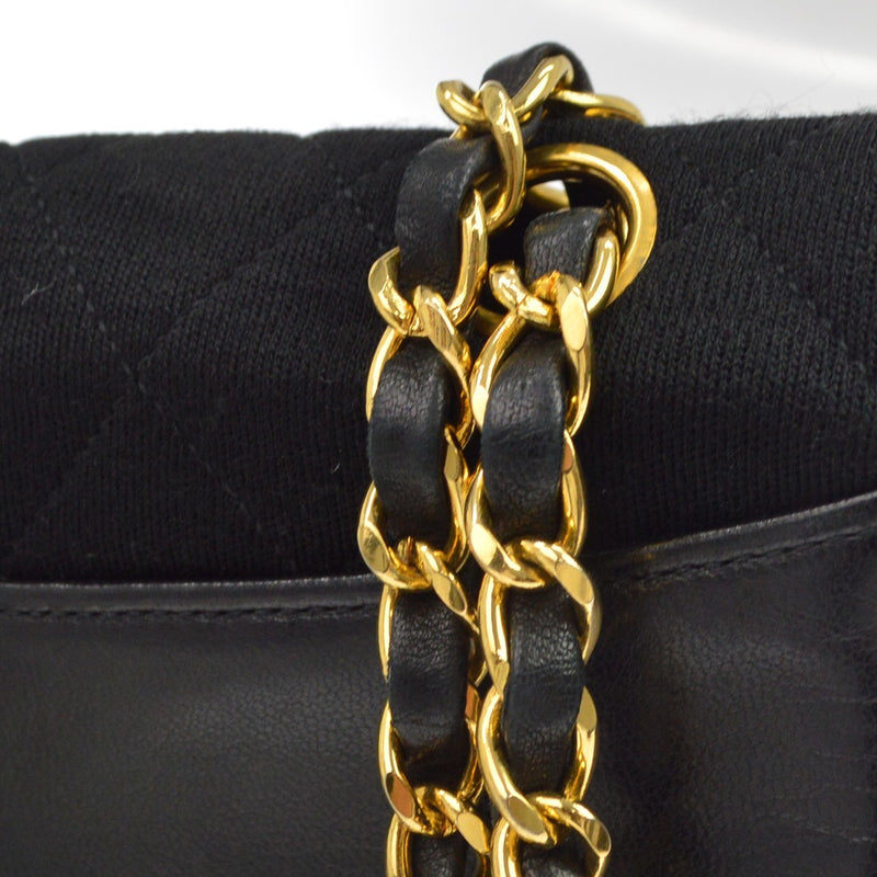 Chanel Vintage Cc Chain Flap Quilted Jersey And Lambskin Black Leather Bag