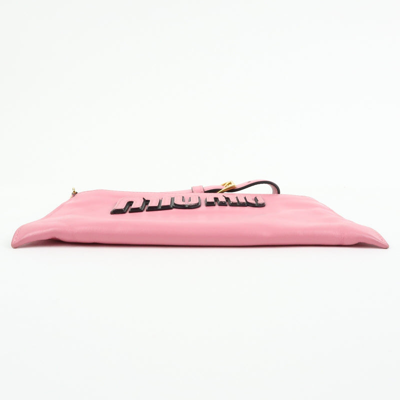 Miu Miu Logo Chain Clutch Shearling Pink Leather