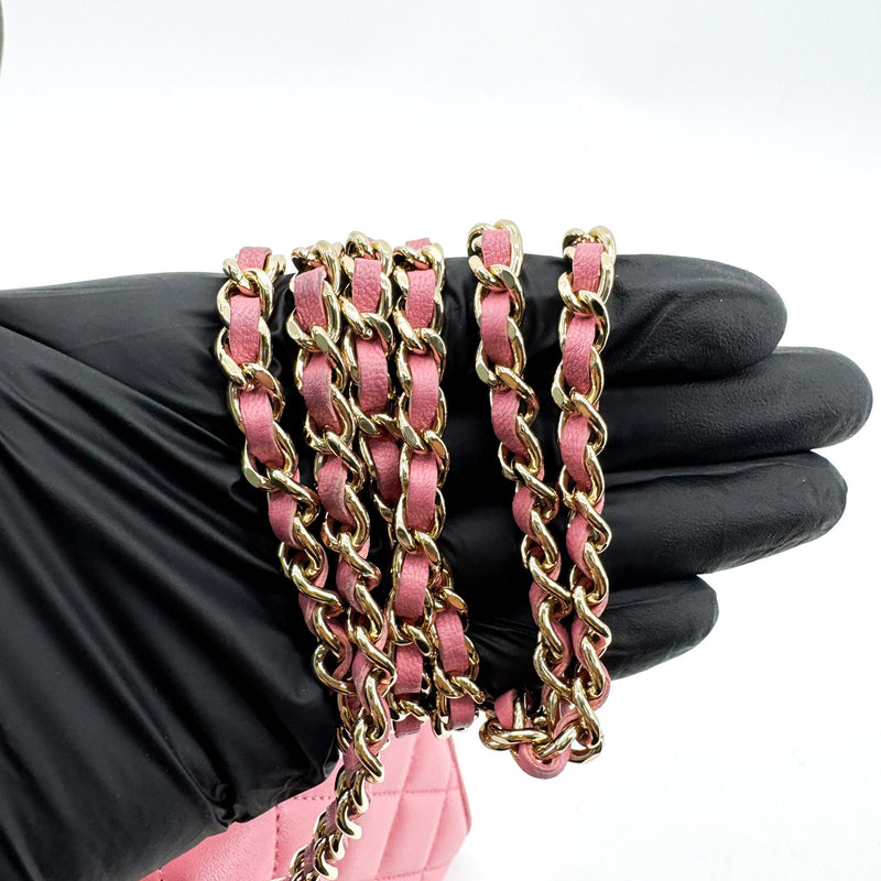 Chanel Square Classic Flap Top Handle Clutch With Chain Quilted Lambskin Pink Leather