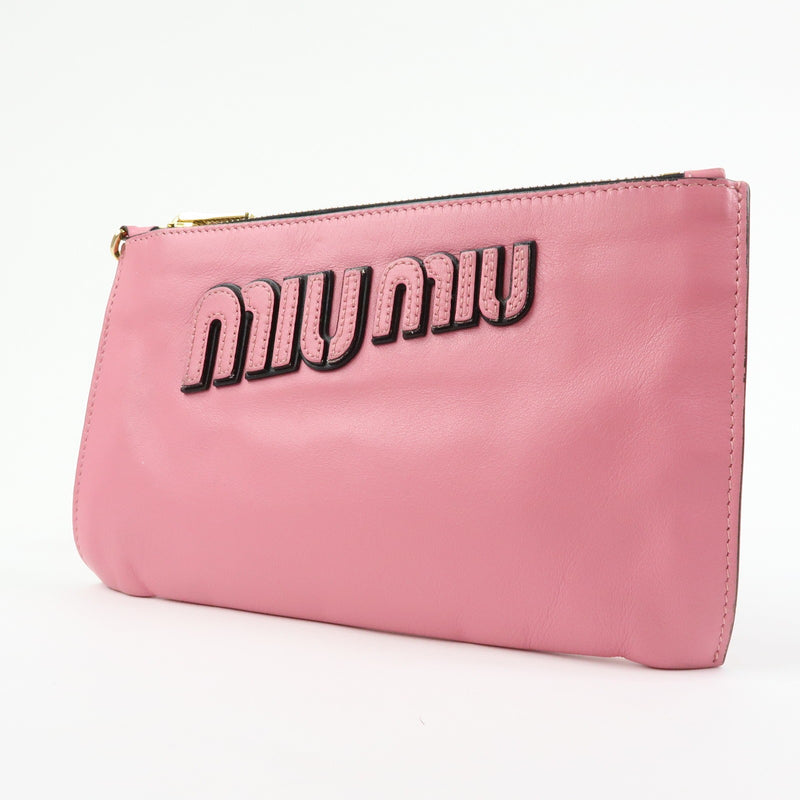 Miu Miu Logo Chain Clutch Shearling Pink Leather