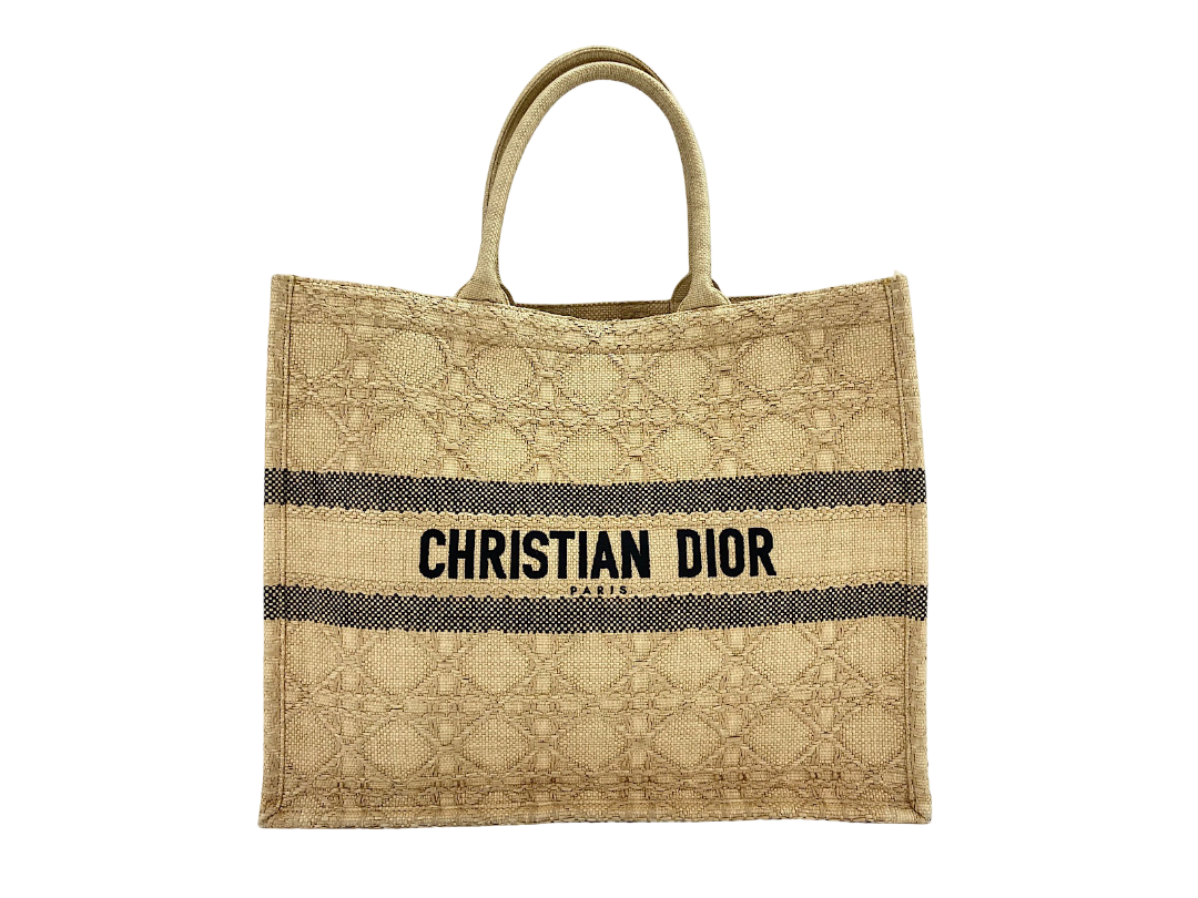 Christian Dior Book Cannage Embroidered Raffia Beige Canvas Bag