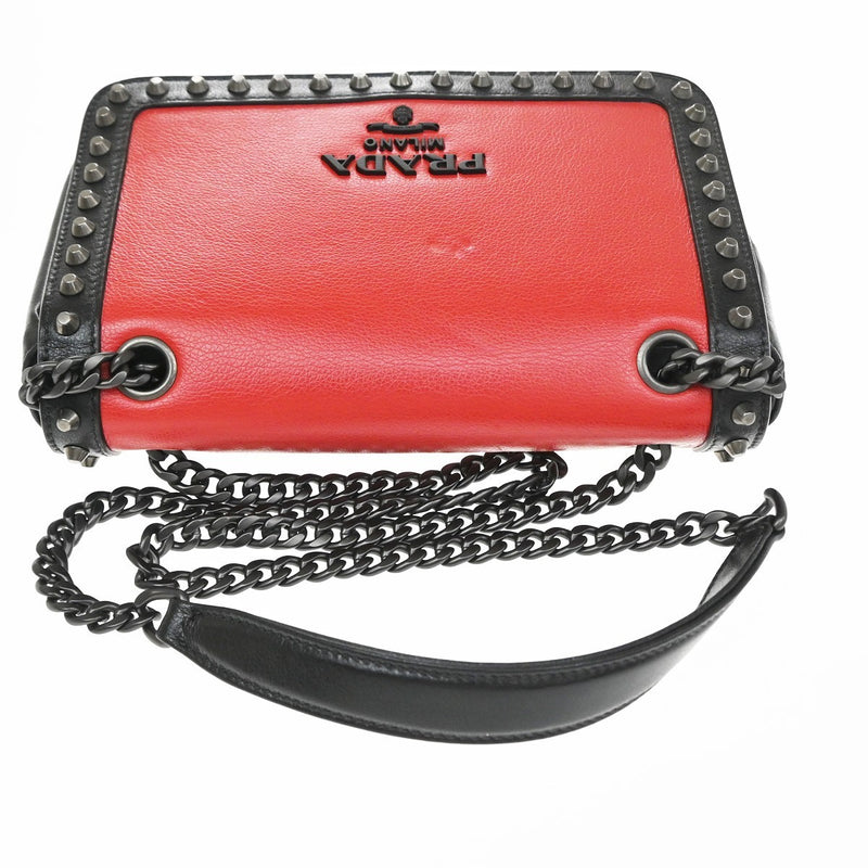 Prada Chain Flap Bag Studded Glace Calf Red Leather