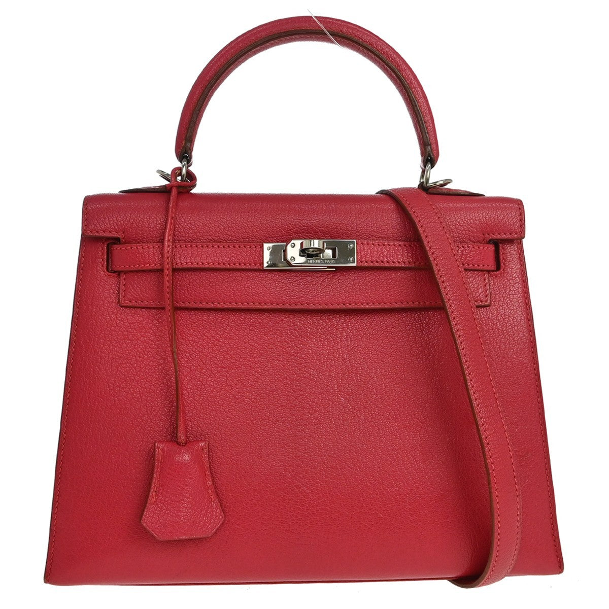 Hermes Kelly Red Chevre De Coromandel With Palladium Hardware Pink Calfskin Bag