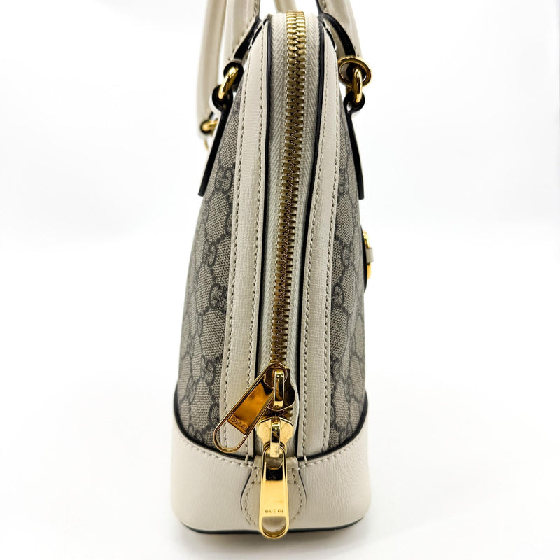 Gucci Horsebit 1955 Top Handle Gg Coated Canvas With Leather White Bag