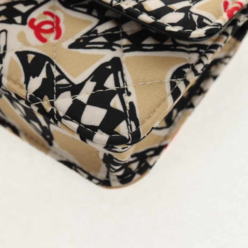 Chanel Flap Card Holder On Chain Quilted Printed Canvas Beige Satin Bag