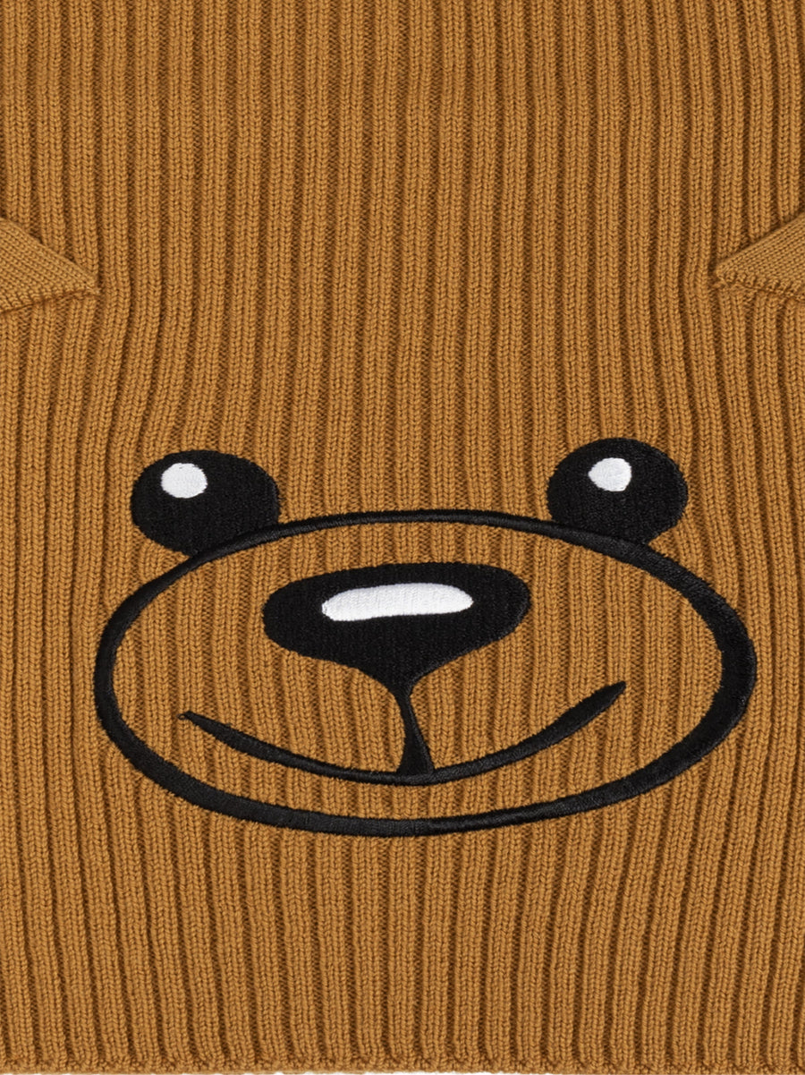 Moschino Teddy Bear Embroidered Knitted Wool Scarf — Brown Scarfs