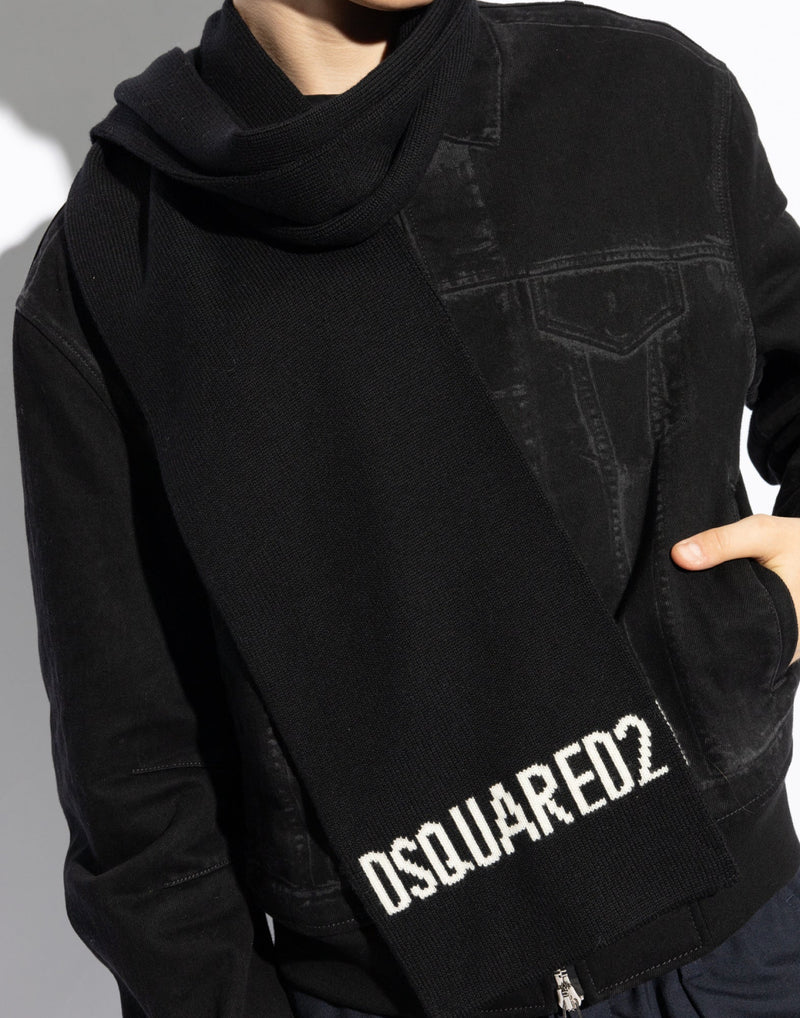 Dsquared2 Logo Intarsia Knit Wool Scarf — Black Scarfs
