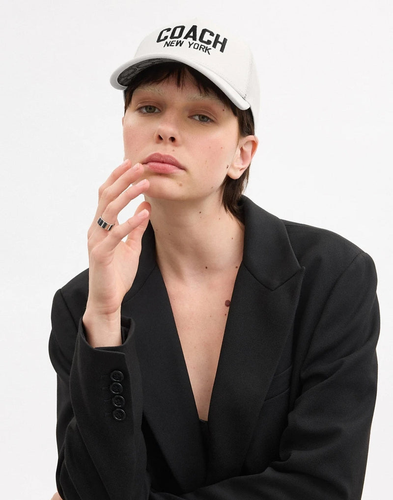 Coach Cu355chk Embroidered Logo Trucker Hat — White Cotton Baseball Caps