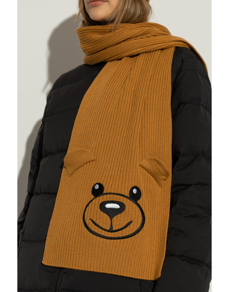 Moschino Teddy Bear Embroidered Knitted Wool Scarf — Brown Scarfs