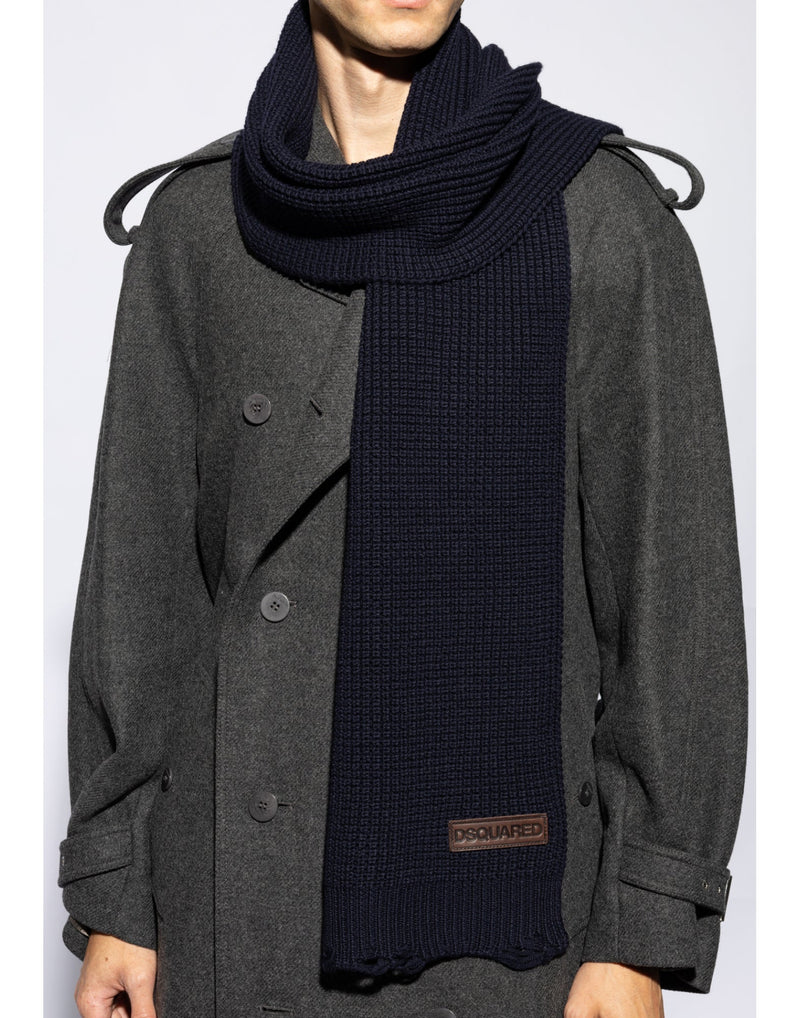 Dsquared2 Logo Patch Knit Wool Scarf — Navy Scarfs