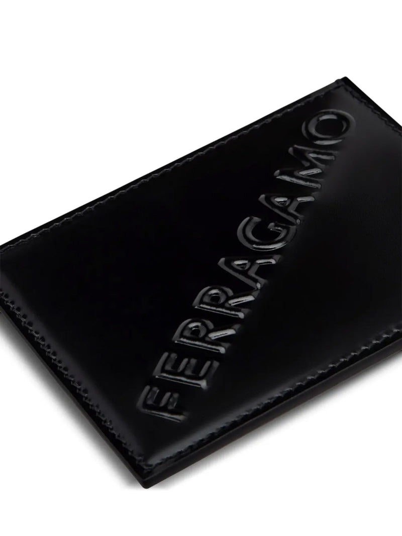 Ferragamo Diagonal Logo Leather Card Case — Black Wallet