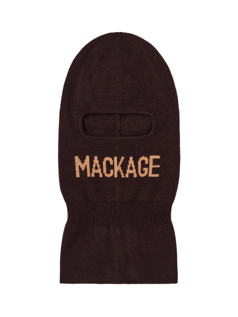 Mackage Balacoffee Logo-Jacquard Balaclava — Brown Merino Wool Beanies