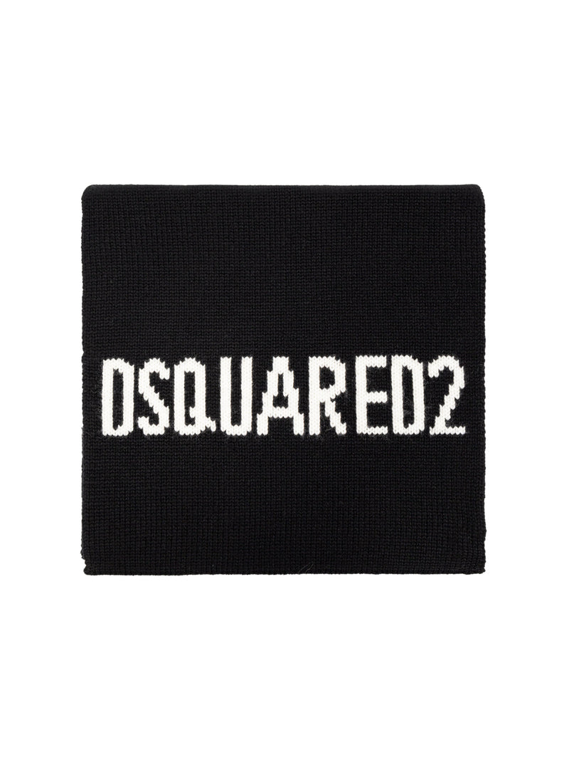 Dsquared2 Logo Intarsia Knit Wool Scarf — Black Scarfs