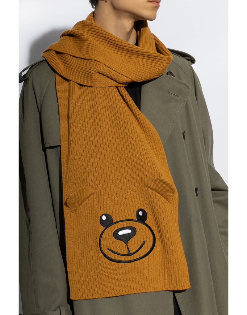 Moschino Teddy Bear Embroidered Knitted Wool Scarf — Brown Scarfs