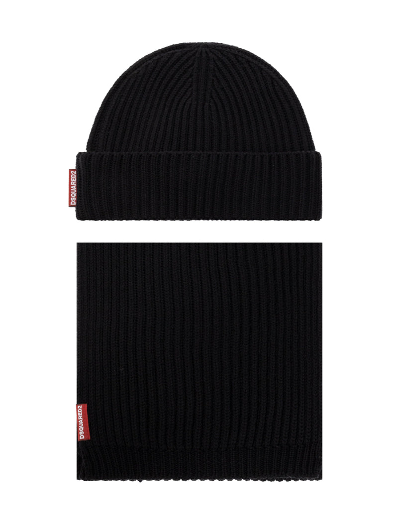Dsquared2 Knm006501w067572124 Beanie & Scarf Set — Black Wool Beanies
