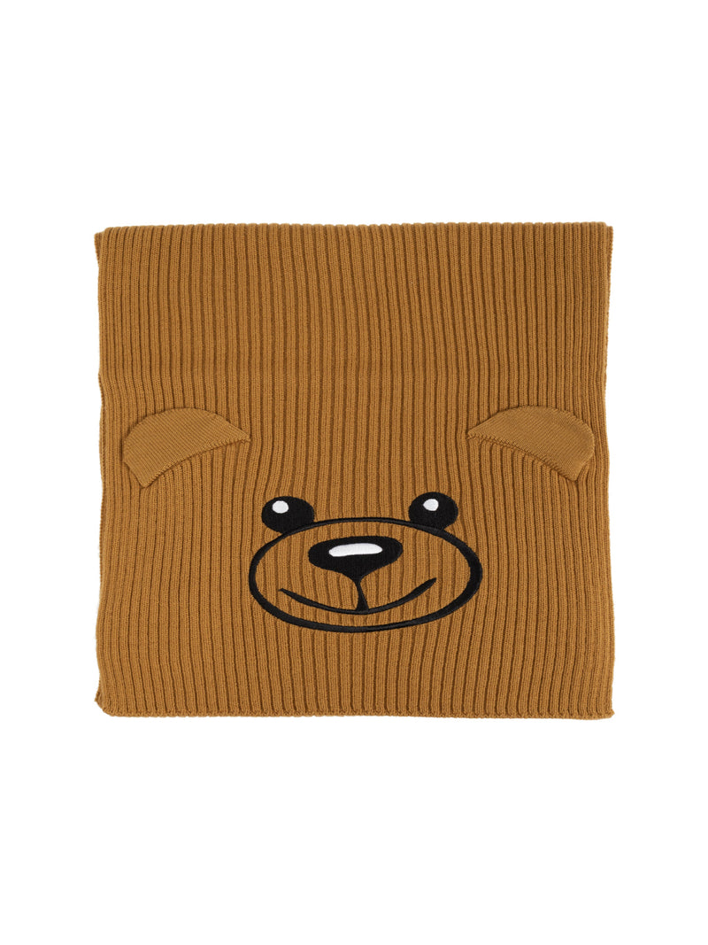 Moschino Teddy Bear Embroidered Knitted Wool Scarf — Brown Scarfs