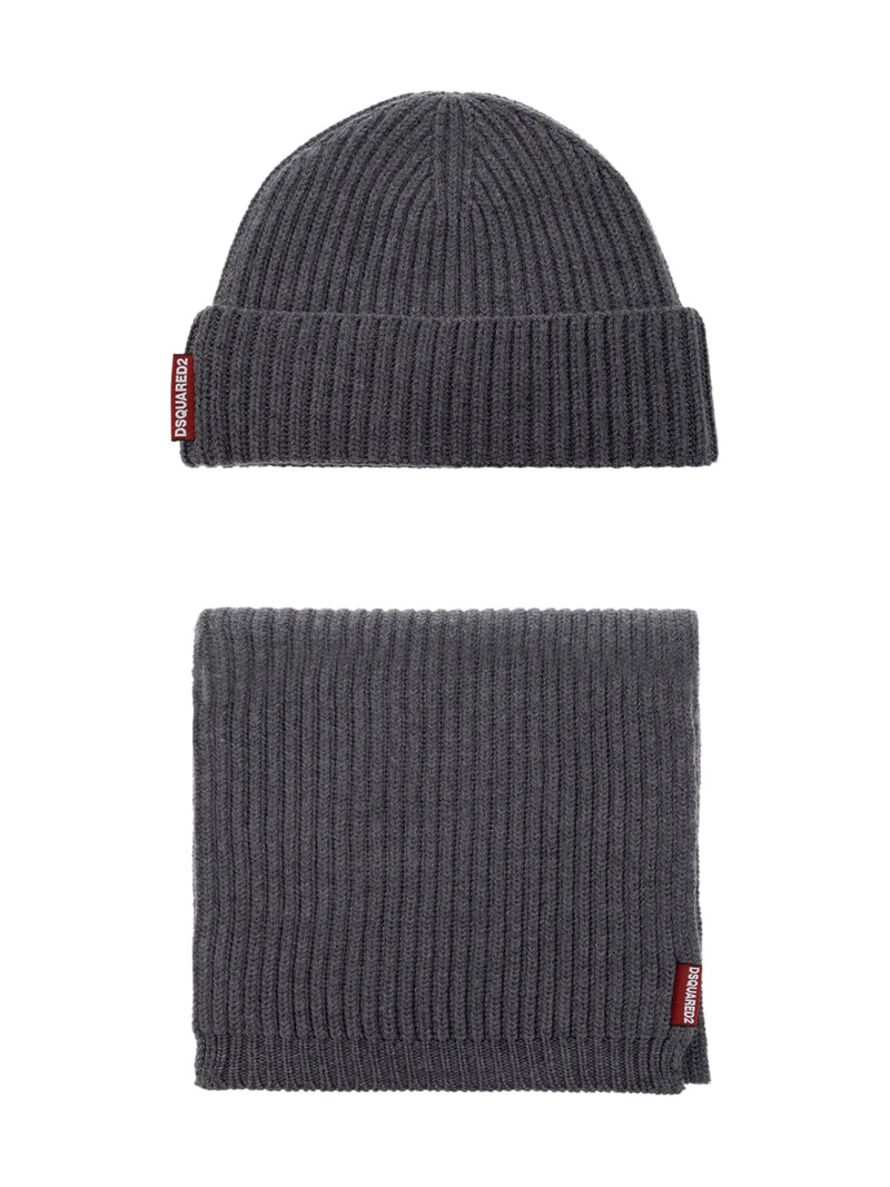 Dsquared2 Knm006501w067572122 Beanie And Scarf Set — Gray Wool Beanies
