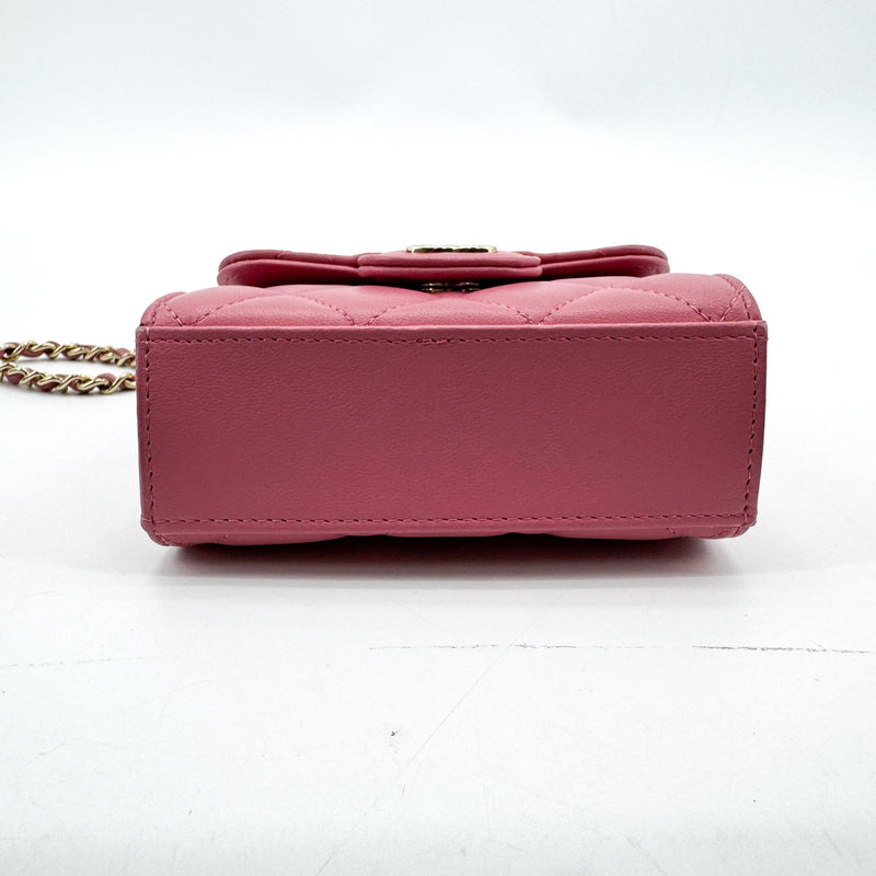 Chanel Square Classic Flap Top Handle Clutch With Chain Quilted Lambskin Pink Leather
