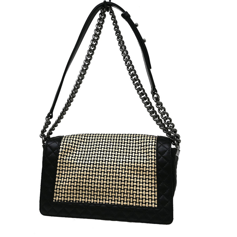 Chanel Reverso Boy Flap Woven Calfskin Black Leather Bag