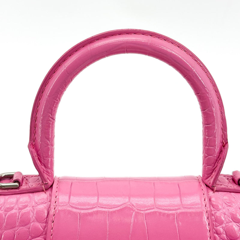 Balenciaga Hourglass Top Handle Crocodile Embossed Leather Pink Bag