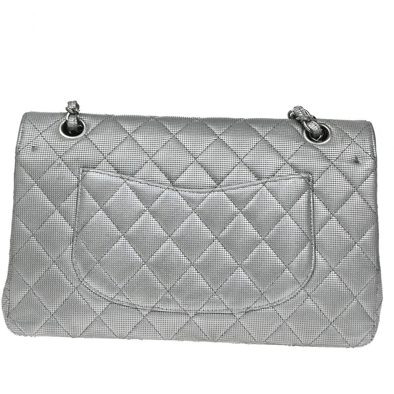 Chanel Classic Timeless Double Flap Pixel Effect Quilted Calfskin Silver Leather Bag
