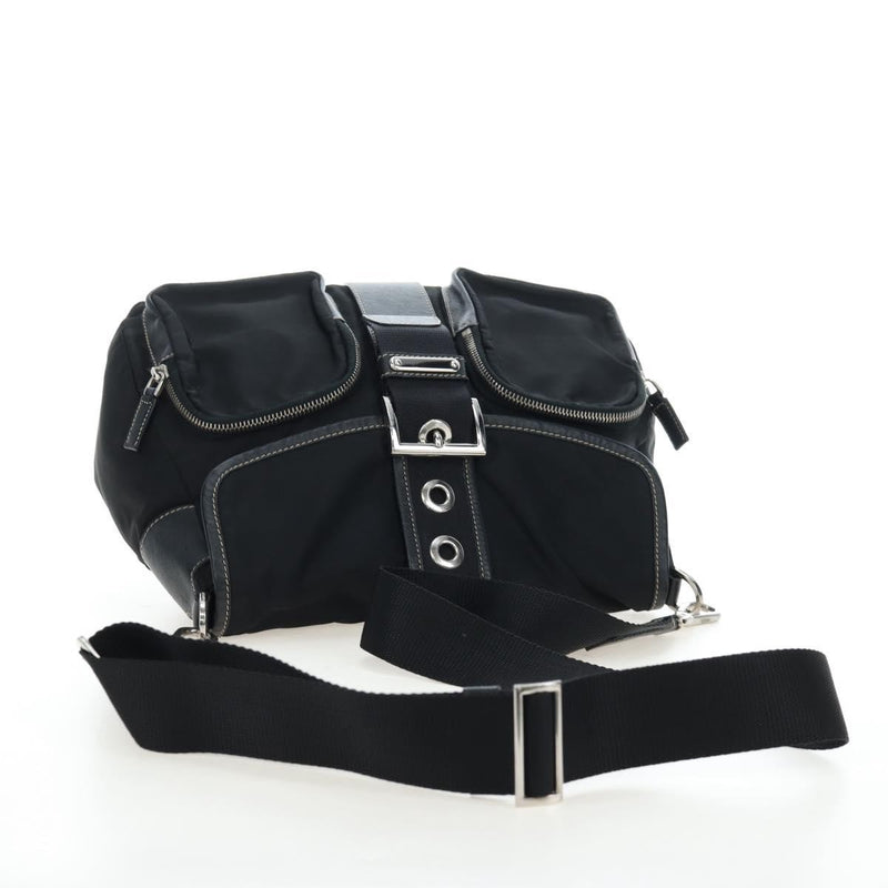 Prada Double Pocket Buckle Flap Tessuto And Leather Black Nylon Bag