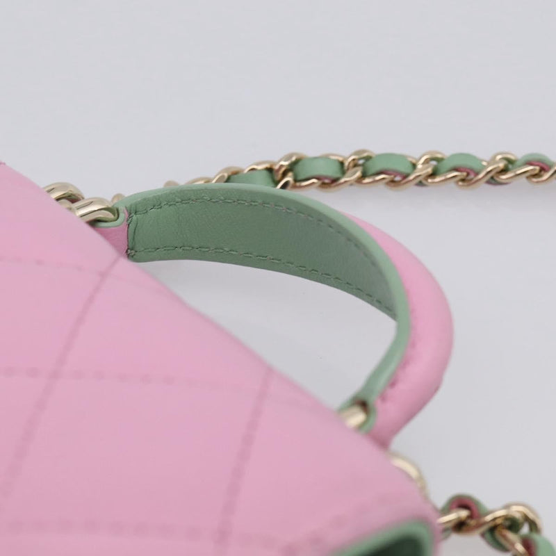 Chanel Square Classic Flap Top Handle Clutch With Chain Quilted Lambskin Pink Leather