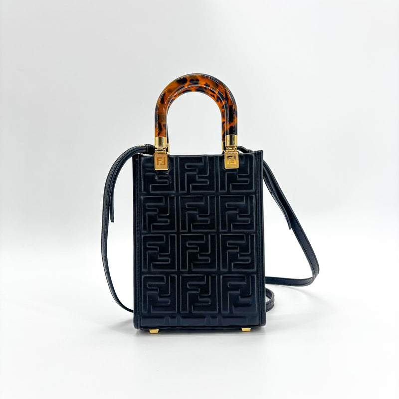 Fendi Sunshine Shopper Striped Suede Black Leather Bag