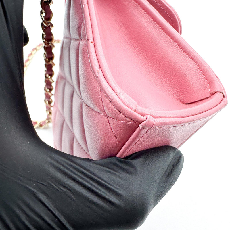 Chanel Square Classic Flap Top Handle Clutch With Chain Quilted Lambskin Pink Leather
