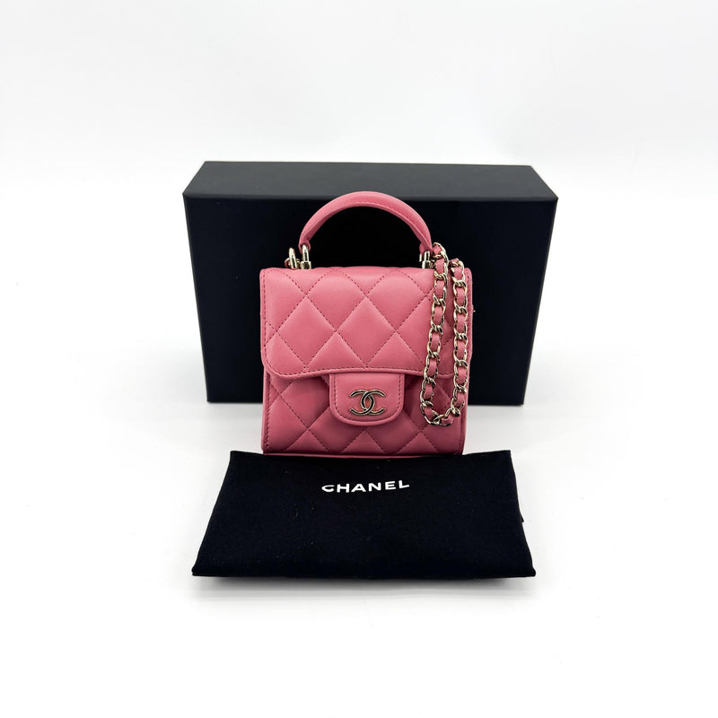 Chanel Square Classic Flap Top Handle Clutch With Chain Quilted Lambskin Pink Leather