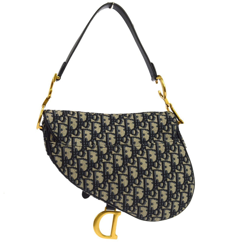 Christian Dior Saddle Handbag With Strap Oblique Canvas Navy Bag