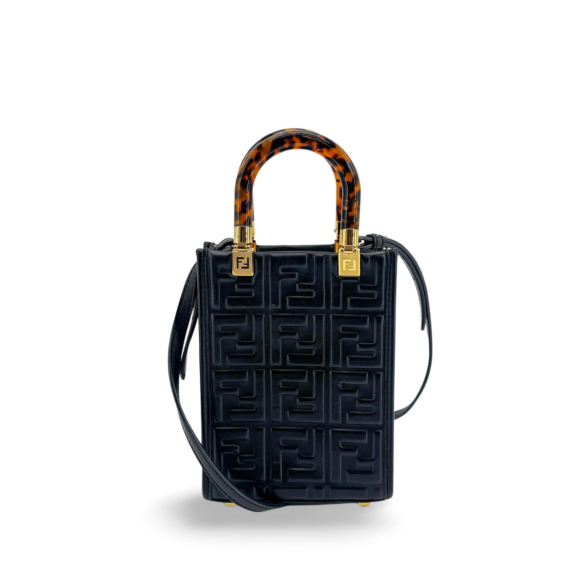 Fendi Sunshine Shopper Striped Suede Black Leather Bag