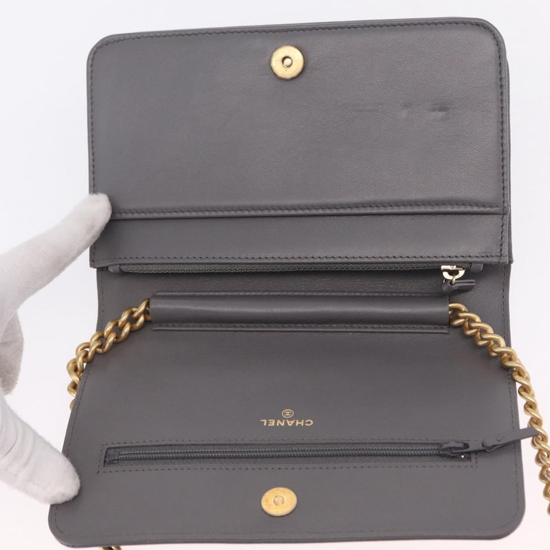 Chanel Boy Wallet On Chain Quilted Caviar Gray Leather Bag